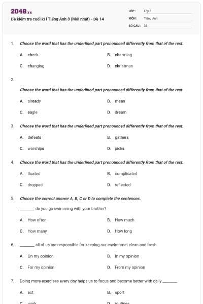 Đề kiểm tra cuối kì I Tiếng Anh 8 (Mới nhất) - Đề 14