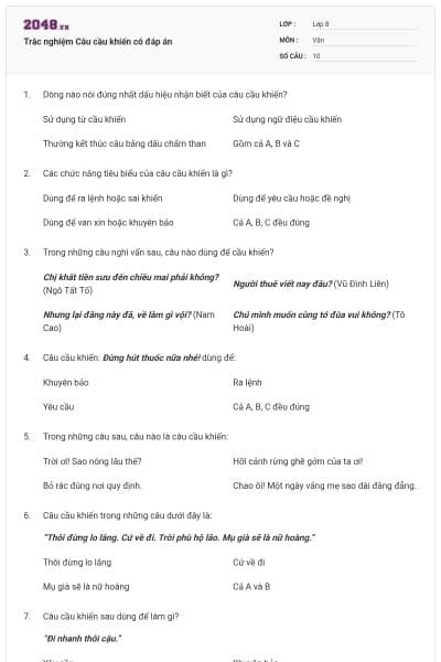 Trắc nghiệm Câu cầu khiến có đáp án