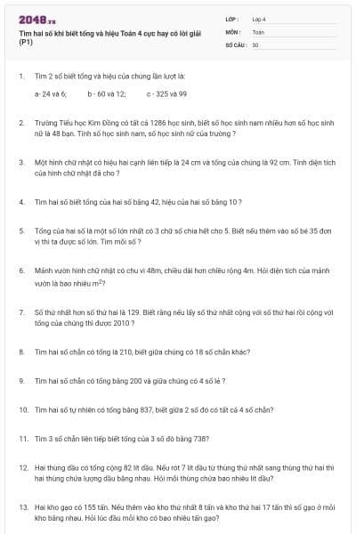 Tìm hai số khi biết tổng và hiệu Toán 4 cực hay có lời giải (P1)