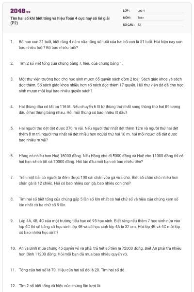 Tìm hai số khi biết tổng và hiệu Toán 4 cực hay có lời giải (P2)