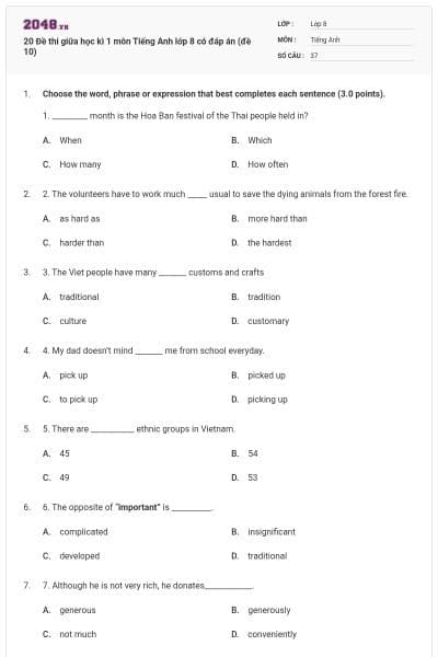 20 Đề thi giữa học kì 1 môn Tiếng Anh lớp 8 có đáp án (đề 10)