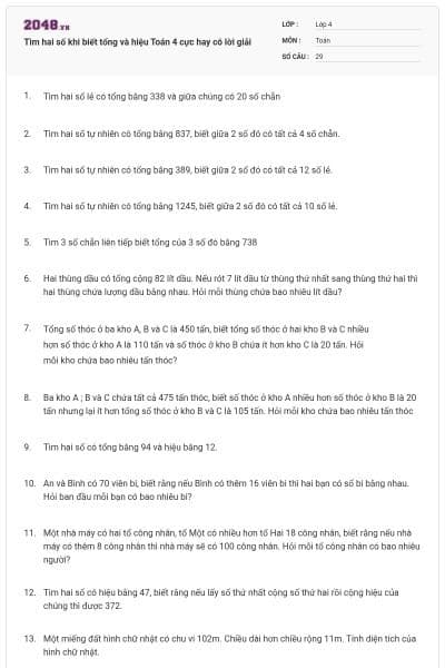 Tìm hai số khi biết tổng và hiệu Toán 4 cực hay có lời giải