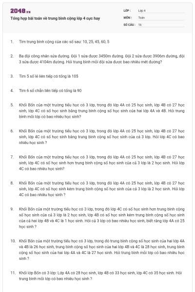 Tổng hợp bài toán về trung bình cộng lớp 4 cực hay