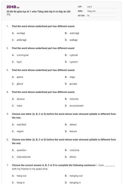 20 Đề thi giữa học kì 1 môn Tiếng Anh lớp 8 có đáp án (đề 11)