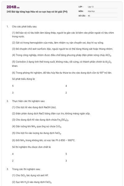 245 Bài tập tổng hợp Hóa vô cơ cực hay có lời giải (P4)