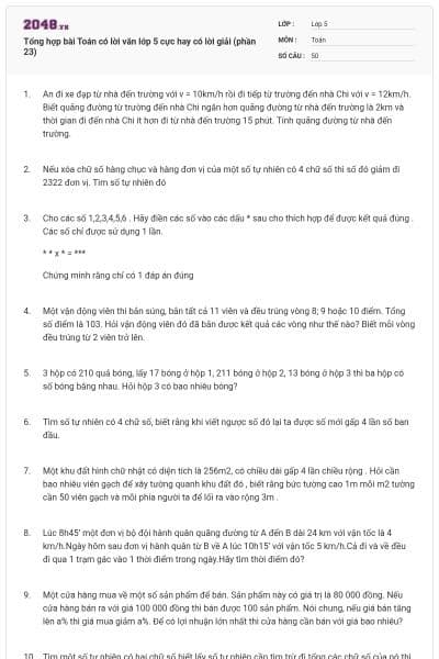 Tổng hợp bài Toán có lời văn lớp 5 cực hay có lời giải (phần 23)