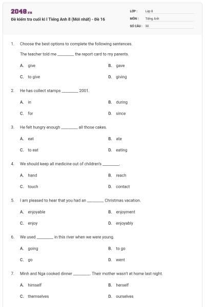 Đề kiểm tra cuối kì I Tiếng Anh 8 (Mới nhất) - Đề 16