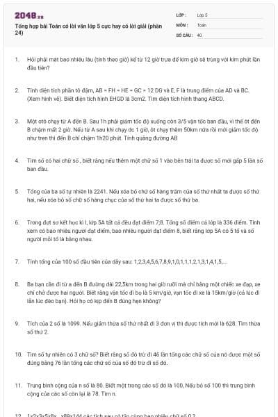Tổng hợp bài Toán có lời văn lớp 5 cực hay có lời giải (phần 24)
