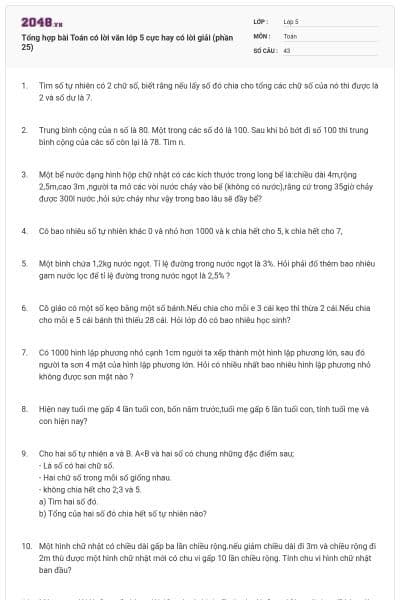 Tổng hợp bài Toán có lời văn lớp 5 cực hay có lời giải (phần 25)