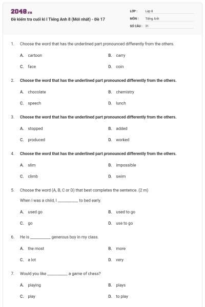 Đề kiểm tra cuối kì I Tiếng Anh 8 (Mới nhất) - Đề 17