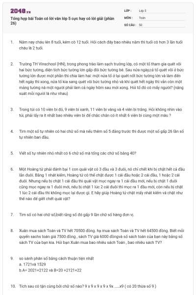 Tổng hợp bài Toán có lời văn lớp 5 cực hay có lời giải (phần 26)