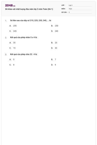 Đề khảo sát chất lượng đầu năm lớp 3 môn Toán (Đề 1)
