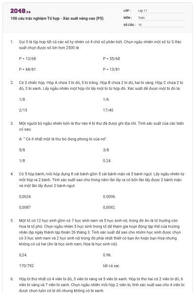 100 câu trắc nghiệm Tổ hợp - Xác suất nâng cao (P5)