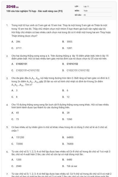 100 câu trắc nghiệm Tổ hợp - Xác suất nâng cao (P3)