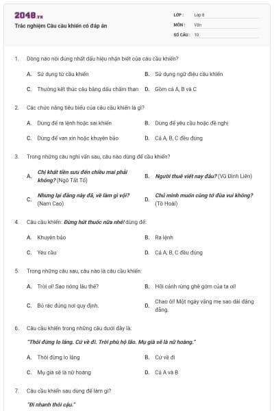 Trắc nghiệm Câu cầu khiến có đáp án