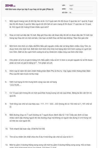 400 Bài toán chọn lọc lớp 5 cực hay có lời giải (Phần 6)