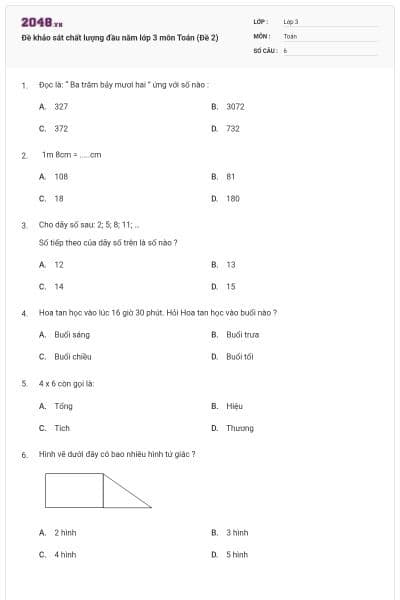 Đề khảo sát chất lượng đầu năm lớp 3 môn Toán (Đề 2)