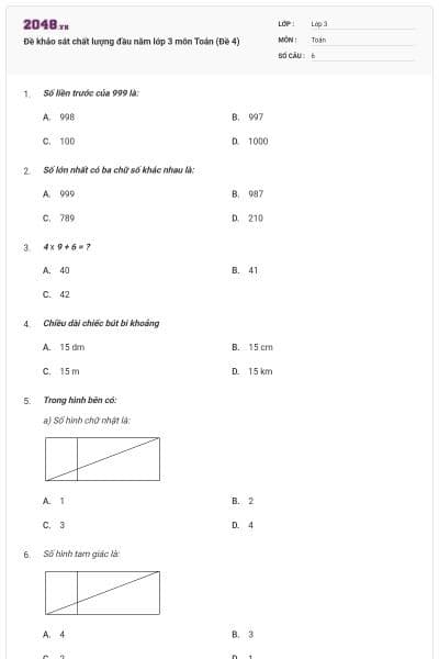 Đề khảo sát chất lượng đầu năm lớp 3 môn Toán (Đề 4)