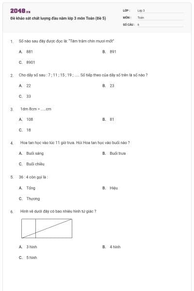 Đề khảo sát chất lượng đầu năm lớp 3 môn Toán (Đề 5)