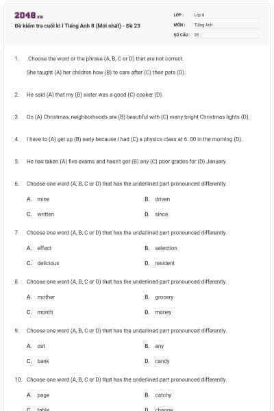 Đề kiểm tra cuối kì I Tiếng Anh 8 (Mới nhất) - Đề 23
