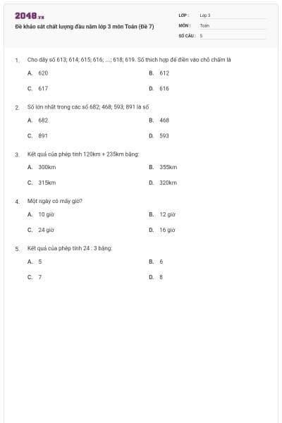 Đề khảo sát chất lượng đầu năm lớp 3 môn Toán (Đề 7)