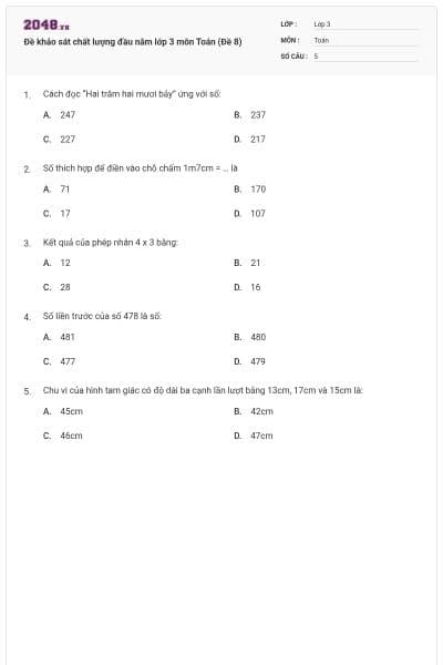 Đề khảo sát chất lượng đầu năm lớp 3 môn Toán (Đề 8)