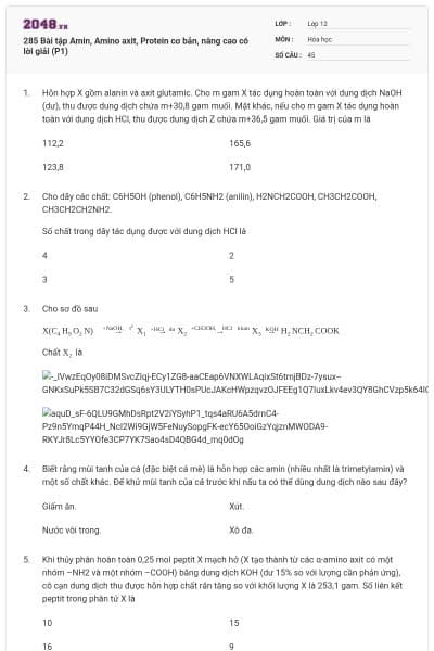 285 Bài tập Amin, Amino axit, Protein cơ bản, nâng cao có lời giải (P1)