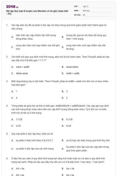 Bài tập Quy luật di truyền của Menđen có lời giải (nhận biết - P2)