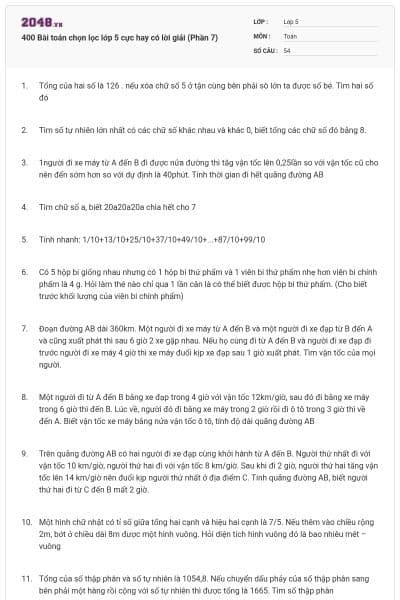 400 Bài toán chọn lọc lớp 5 cực hay có lời giải (Phần 7)