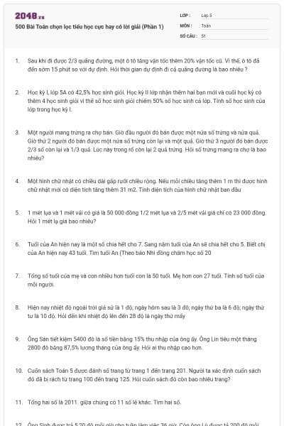 500 Bài Toán chọn lọc tiểu học cực hay có lời giải (Phần 1)