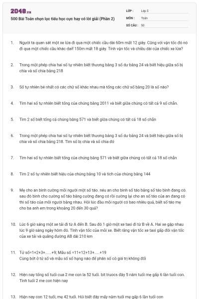 500 Bài Toán chọn lọc tiểu học cực hay có lời giải (Phần 2)
