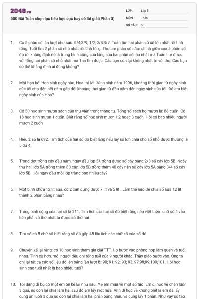 500 Bài Toán chọn lọc tiểu học cực hay có lời giải (Phần 3)