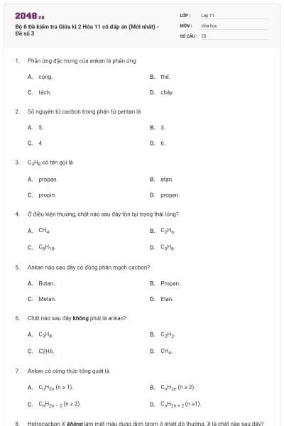 Bộ 6 Đề kiểm tra Giữa kì 2 Hóa 11 có đáp án (Mới nhất) - Đề số  3