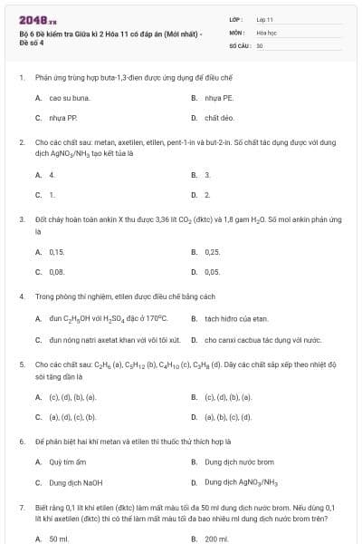 Bộ 6 Đề kiểm tra Giữa kì 2 Hóa 11 có đáp án (Mới nhất) - Đề số  4