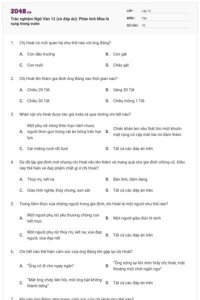 Trắc nghiệm Ngữ Văn 12 (có đáp án): Phân tích Mùa lá rụng trong vườn