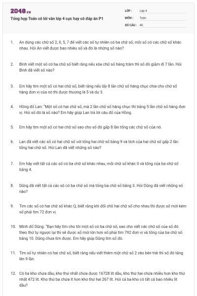 Tổng hợp Toán có lời văn lớp 4 cực hay có đáp án P1