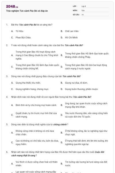 Trắc nghiệm Tức cảnh Pắc Bó có đáp án