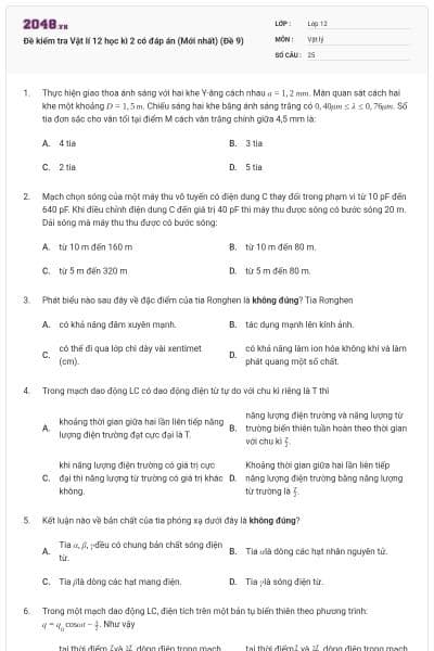 Đề kiểm tra Vật lí 12 học kì 2 có đáp án (Mới nhất) (Đề 9)
