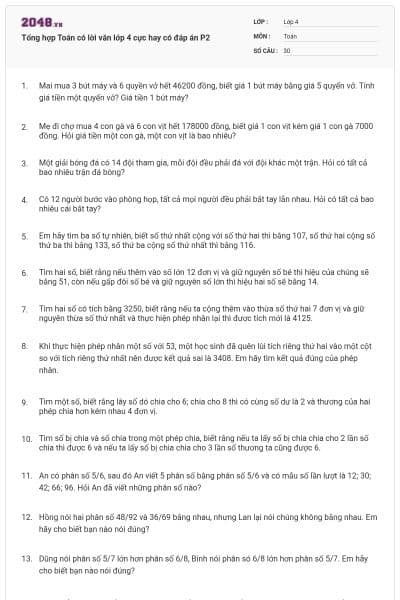 Tổng hợp Toán có lời văn lớp 4 cực hay có đáp án P2