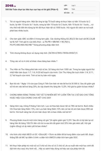 500 Bài Toán chọn lọc tiểu học cực hay có lời giải (Phần 4)