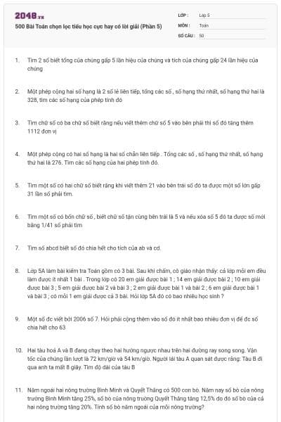 500 Bài Toán chọn lọc tiểu học cực hay có lời giải (Phần 5)