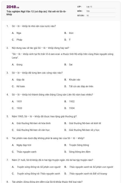 Trắc nghiệm Ngữ Văn 12 (có đáp án): Vài nét về Sô-lô-khốp