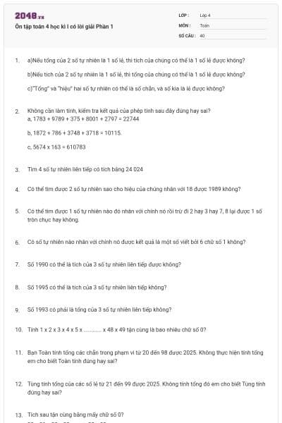 Ôn tập toán 4 học kì I có lời giải Phần 1