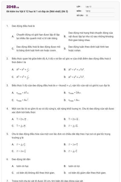 Đề kiểm tra Vật lí 12 học kì 1 có đáp án (Mới nhất) (Đề 3)