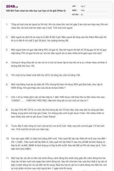 500 Bài Toán chọn lọc tiểu học cực hay có lời giải (Phần 6)