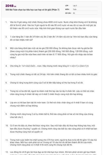 500 Bài Toán chọn lọc tiểu học cực hay có lời giải (Phần 7)