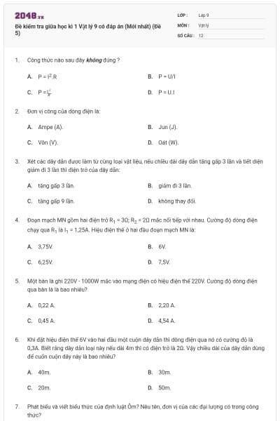 Đề kiểm tra giữa học kì 1 Vật lý 9 có đáp án (Mới nhất) (Đề 5)