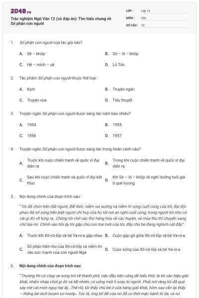 Trắc nghiệm Ngữ Văn 12 (có đáp án): Tìm hiểu chung về Số phận con người