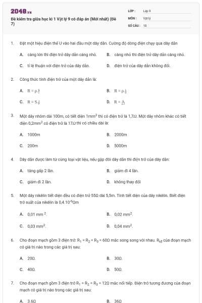 Đề kiểm tra giữa học kì 1 Vật lý 9 có đáp án (Mới nhất) (Đề 7)