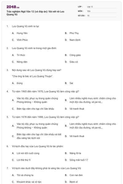 Trắc nghiệm Ngữ Văn 12 (có đáp án): Vài nét về Lưu Quang Vũ